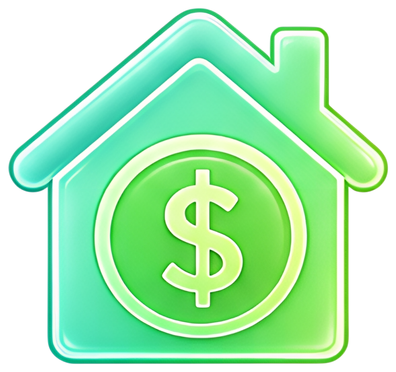 A glossy icon depicting a house with a dollar sign symbol inside, featuring a gradient of green and teal colors. The simple design conveys the concept of investment in real estate.