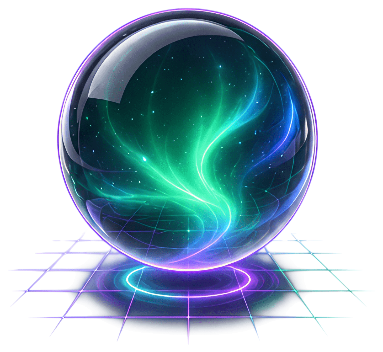 A sleek 3D glass orb featuring an emerald-green aurora core, suspended above a faint neon grid. The orb is outlined in thin violet, enhancing its ethereal glow against the backdrop of twinkling stars.