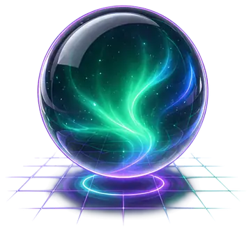 A sleek 3D glass orb featuring an emerald-green aurora core, suspended above a faint neon grid. The orb is outlined in thin violet, enhancing its ethereal glow against the backdrop of twinkling stars.