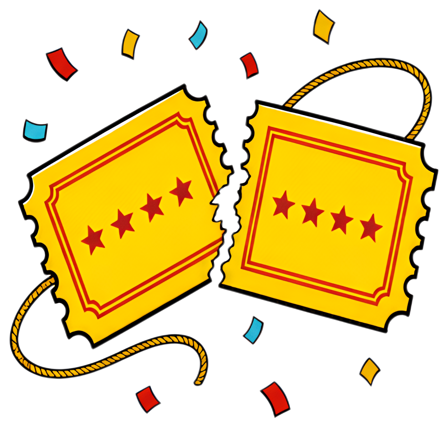 Two brightly colored torn tickets are displayed, featuring red stars and a decorative edge, connected by a golden thread. Surrounding the tickets, colorful confetti in red, blue, and yellow adds a fun