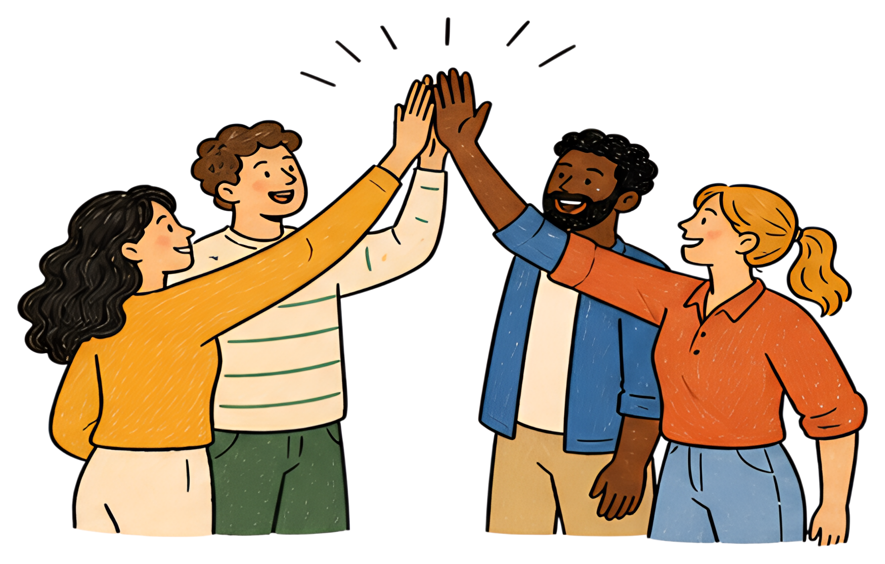 Four colleagues are joyfully high-fiving each other in a celebration of success. Each person has a distinct style, featuring bright colors and cheerful expressions, depicting a lively and positive and