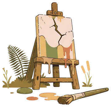 An easel holds a cracked canvas with dripping colors, including shades of brown, green, and pink. A paintbrush lies nearby on the ground, surrounded by grass and stones, depicting a scene of artistic,