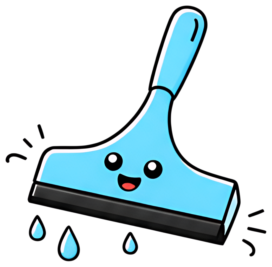A cheerful blue squeegee with a curved handle features a smiling face and glistening water droplets on its blade. The vibrant colors and cartoonish style add a playful touch to the design.