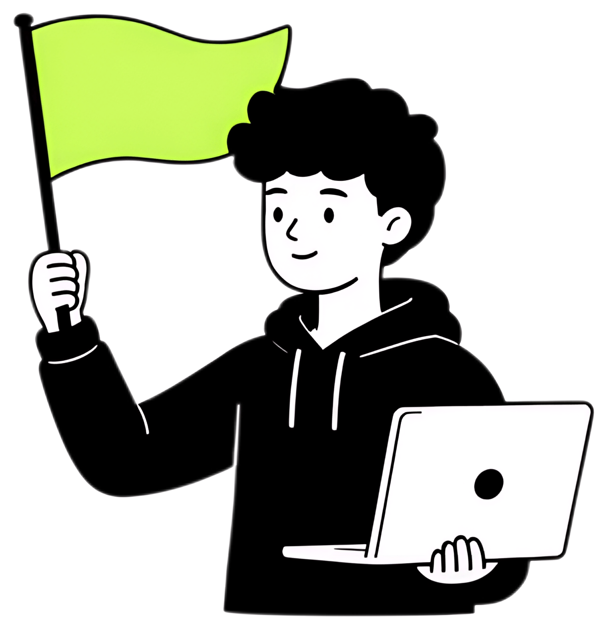 A young person in a black hoodie holds a bright green flag in one hand while supporting a laptop in the other. The character is smiling confidently against a simple black background, emphasizing the e