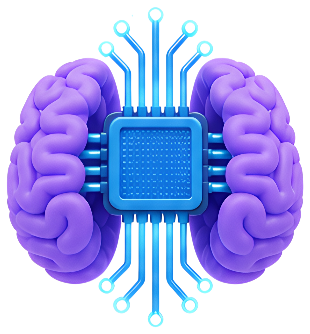 A 3D representation of a brain featuring a central chip surrounded by glowing data lines. The brain is depicted in a vibrant purple with a contrasting blue circuit chip at its center, giving a modern,
