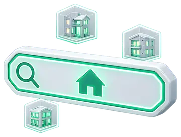 A search input field featuring a magnifying glass and a house silhouette, surrounded by floating icons of apartments. The design glows with emerald neon on a dark background, emphasizing its modern, 3