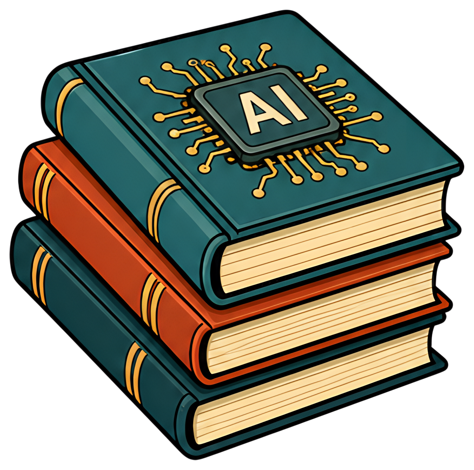 A stacked arrangement of old textbooks in teal and red covers, featuring a prominent AI chip illustration embedded on the top book. The books are adorned with golden detailing, and the overall style f