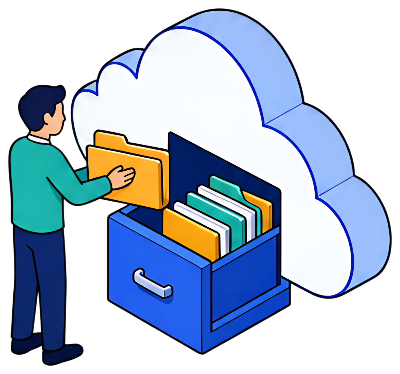 A person is seen placing a yellow folder into a blue filing drawer that is integrated into a fluffy cloud shape. The scene includes various colored folders inside the drawer, highlighting a digital or