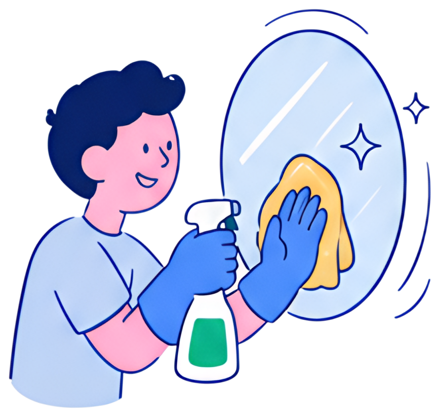 A cheerful person wearing blue gloves wipes a mirror with a yellow cloth while holding a spray bottle. The scene features soft colors, creating a friendly and inviting atmosphere.