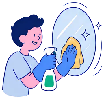 Smiling person cleaning a mirror