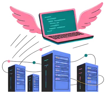 Stylized laptop with wings soaring over servers