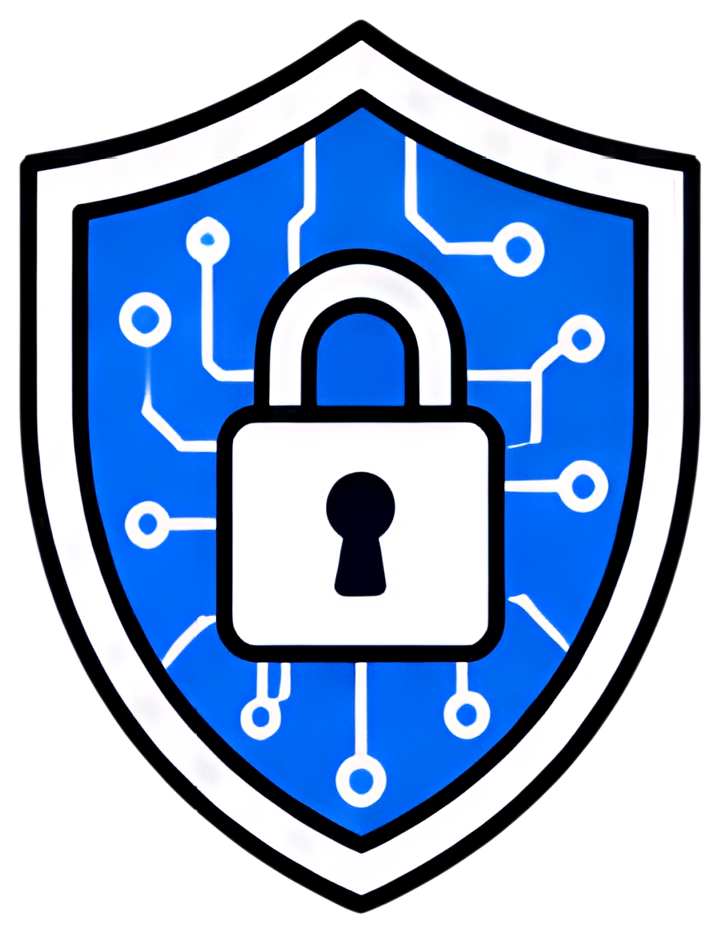 A shield icon prominently features a padlock and a digital keyhole, set against a vibrant blue background with circuit patterns. The design combines security and technology elements with a clean, bold