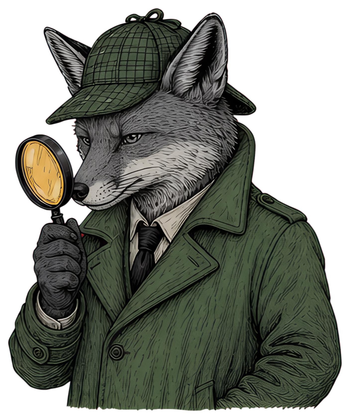 A fox dressed in a green trench coat and detective hat, holding a magnifying glass close to its face. The fox has a serious expression, accentuated by its sharp features and detailed fur, set againsta