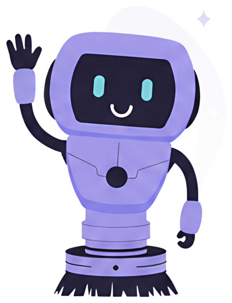 A cheerful robot with a purple body and a black face is waving with its right hand. Its design features a smiling face with teal eyes, set against a soft, white background that adds a friendly touch.
