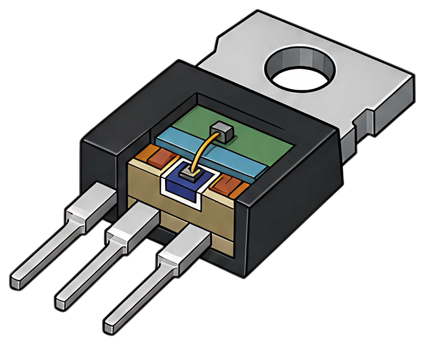A detailed illustration of a field effect transistor showing the semiconductor layers with distinct colors, including teal, orange, and blue elements. The design highlights the structural components, 