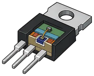 A detailed illustration of a field effect transistor showing the semiconductor layers with distinct colors, including teal, orange, and blue elements. The design highlights the structural components, 