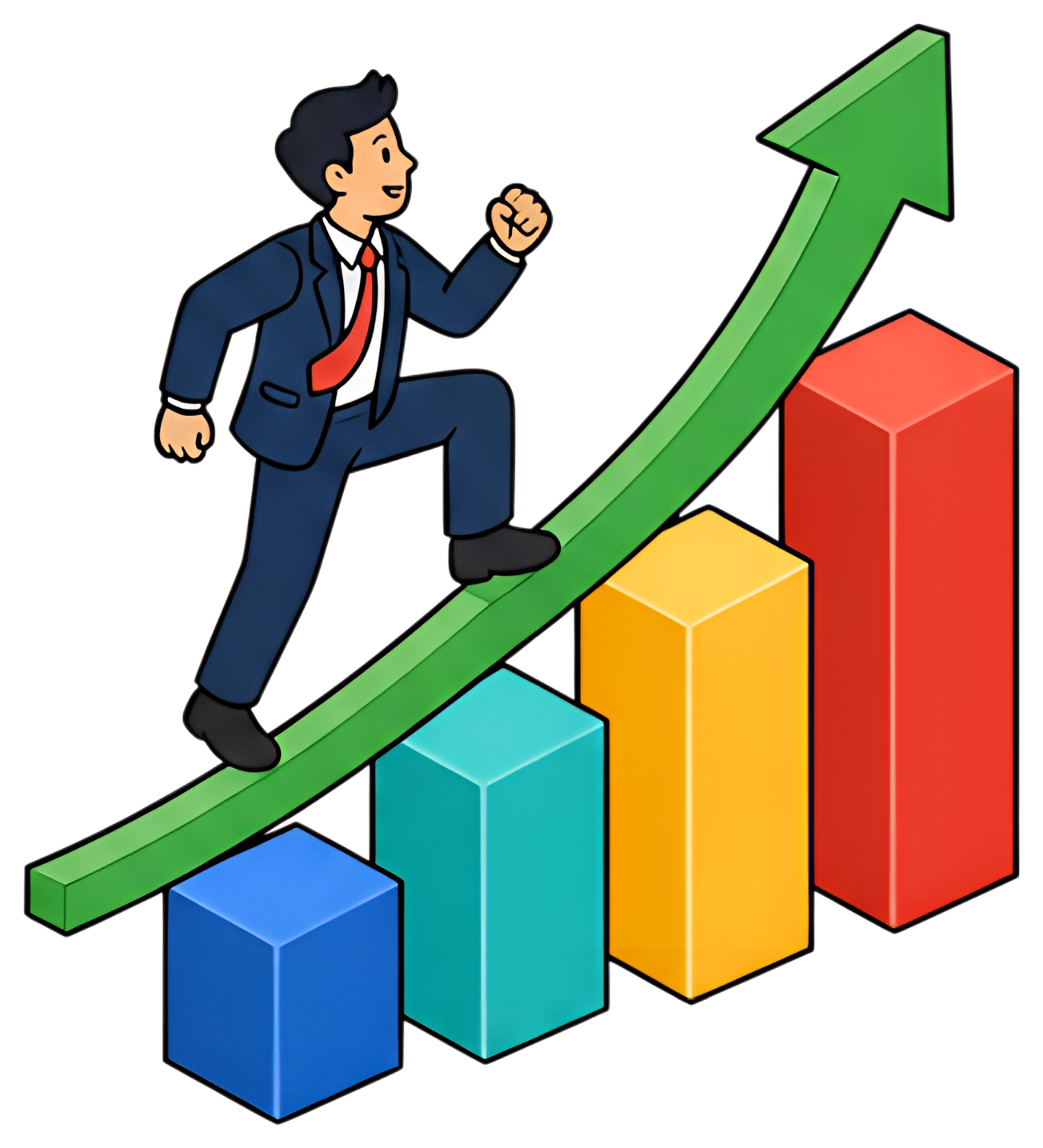 A confident business person in a suit steps energetically up a green growth chart, with colorful bars in blue, teal, yellow, and red behind them. The upward motion symbolizes progress and success in a
