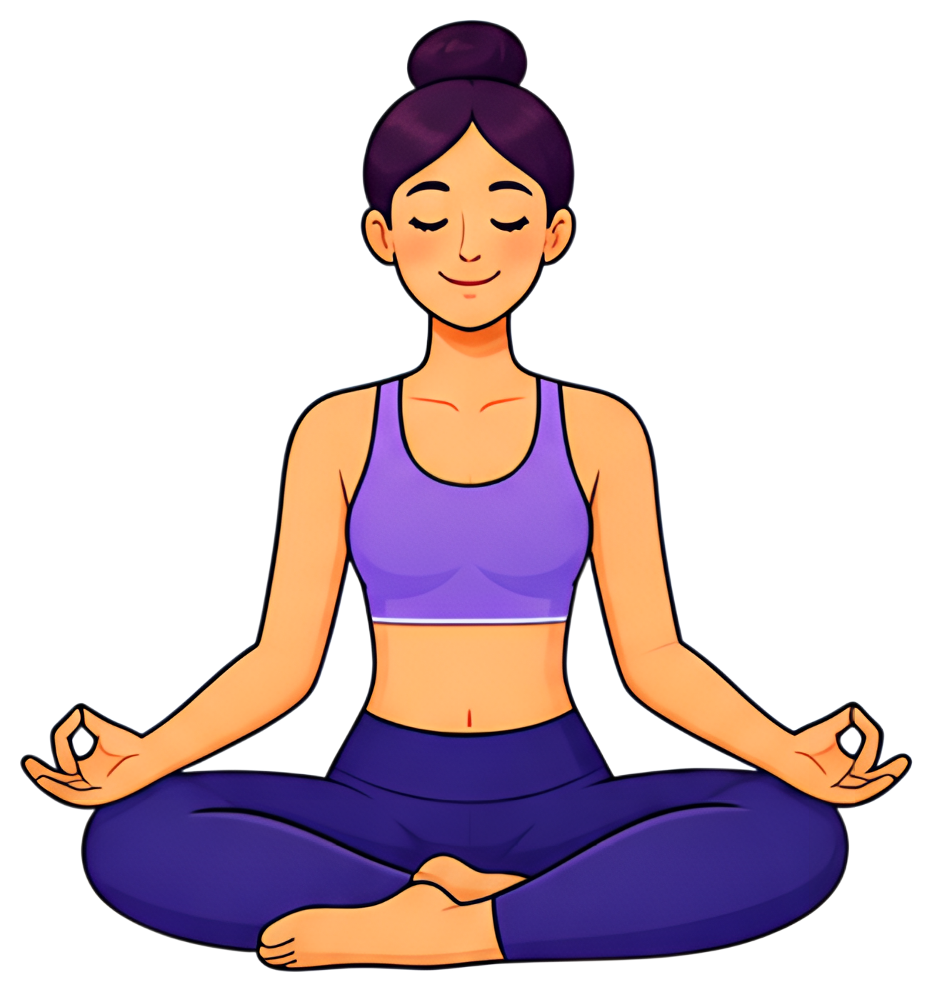A serene individual is sitting cross-legged, performing yoga meditation. The person wears a purple tank top and dark blue leggings, with hands in a mudra gesture and a calm expression on their face. A