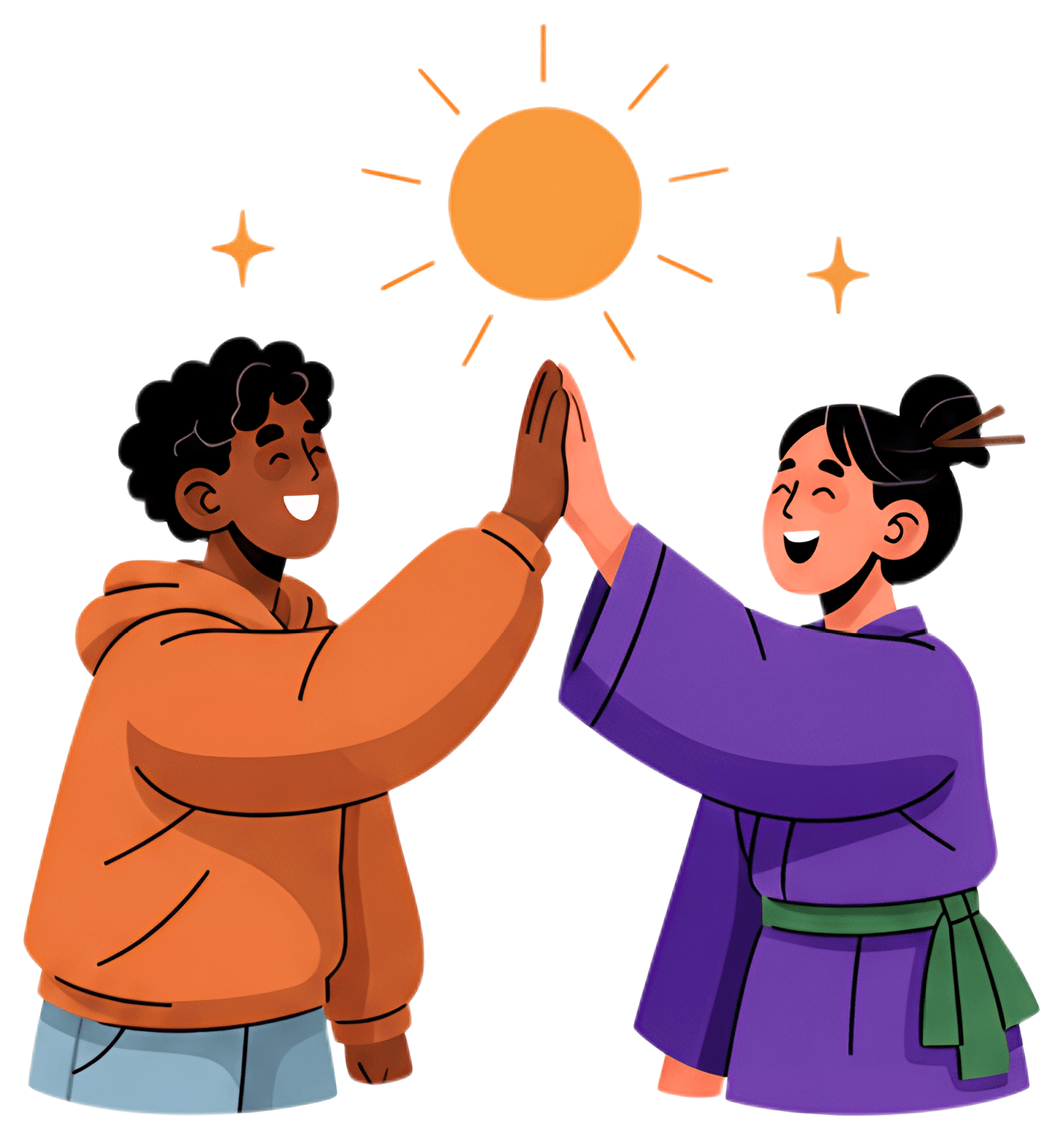 Two characters with different skin tones joyfully high-five each other under a bright orange sun. One wears an orange hoodie while the other is dressed in a purple kimono, surrounded by playful spark,