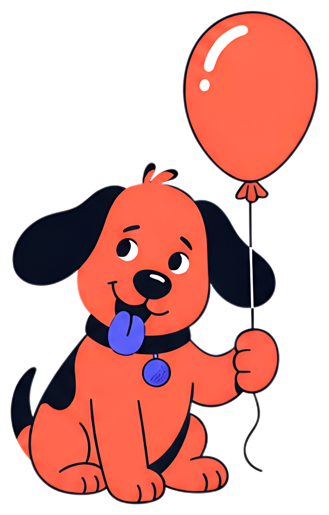 A cheerful cartoon dog with floppy ears sits while holding a bright red balloon. The dog has a playful expression with its tongue out and features a black collar with a tag, showcasing its vibrant red