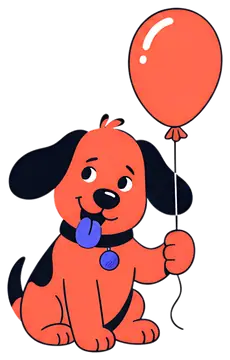 A cheerful cartoon dog with floppy ears sits while holding a bright red balloon. The dog has a playful expression with its tongue out and features a black collar with a tag, showcasing its vibrant red