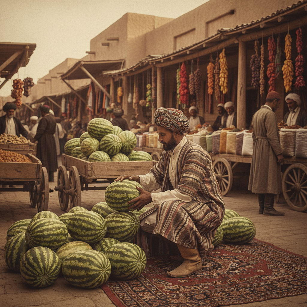 A man dressed in traditional 19th-century Central Asian attire is carefully selecting watermelons in a bustling market, surrounded by vibrant stalls filled with spices and dried fruits. The warm, sep