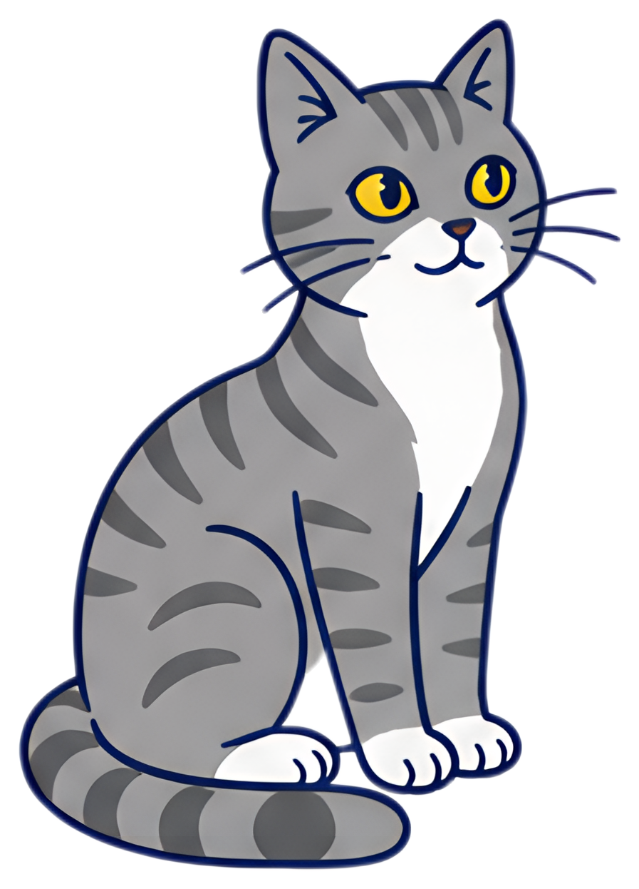 A gray tabby cat is depicted sitting upright with its tail curled around its paws, showcasing its alert expression with large yellow eyes and distinctive stripes. The design is simplistic with a clean