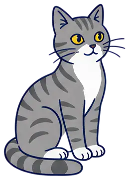 A gray tabby cat is depicted sitting upright with its tail curled around its paws, showcasing its alert expression with large yellow eyes and distinctive stripes. The design is simplistic with a clean
