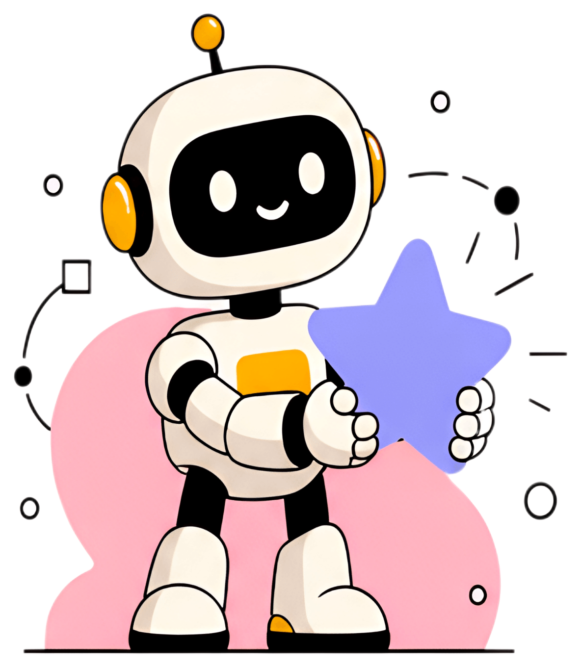 A small, cheerful robot with a black face and white body stands holding a glowing blue star in its hands. The background features a playful pink shape, enhancing the robot's friendly appearance with a