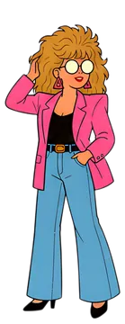 A fashionable woman styled in the vibrant aesthetic of the 1980s, featuring voluminous hair and oversized glasses. She wears a bright pink blazer with shoulder pads paired with wide-leg light blue flh