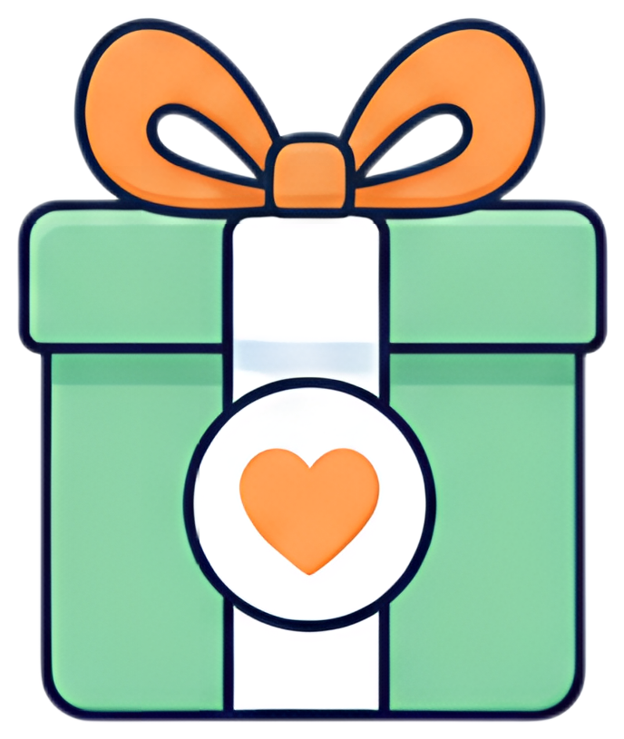 A vibrant gift box in green with an orange ribbon. The box features a white band with a heart symbol in orange at the center, suggesting a thoughtful present.