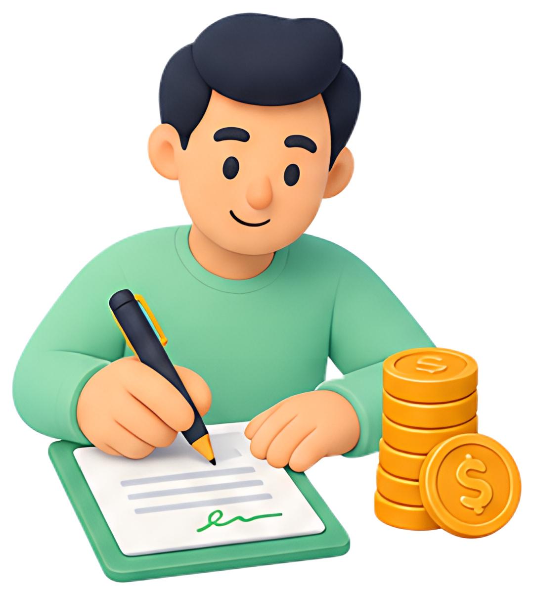 A character in a green shirt is signing a contract with a pen, surrounded by a stack of golden coins. The contract has lines and a signature, while the coins feature dollar signs, creating a thematic,
