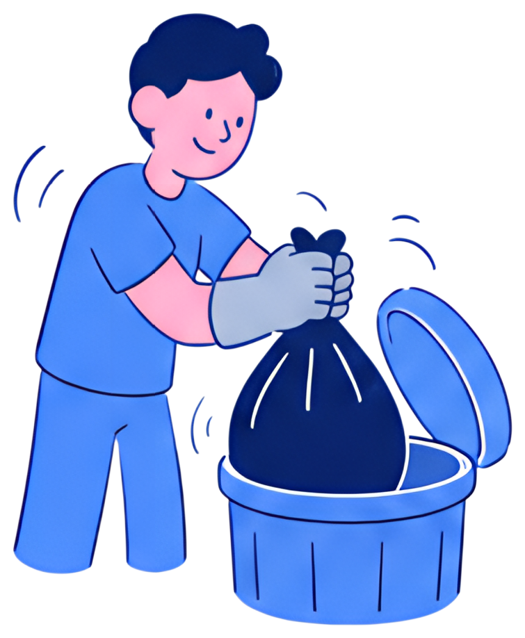 A cheerful person wearing gray gloves is enthusiastically emptying a trash bag into a bin. The scene features a blue color palette, giving it a clean and modern feel, with the person's satisfied face,