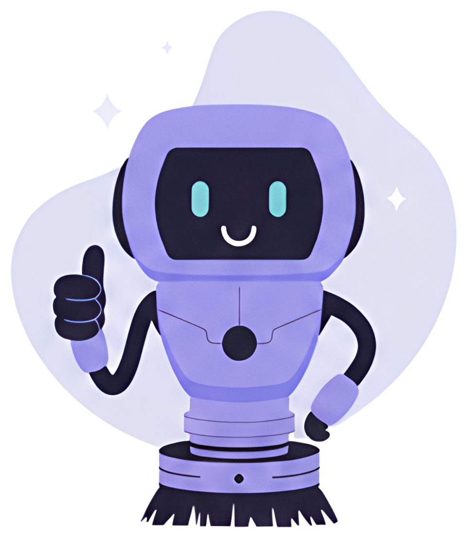 A cheerful robot with a smiling face and a raised thumb, showcasing a thumbs-up gesture. It features a purple body with black accents and a friendly expression, set against a minimal, soft background.