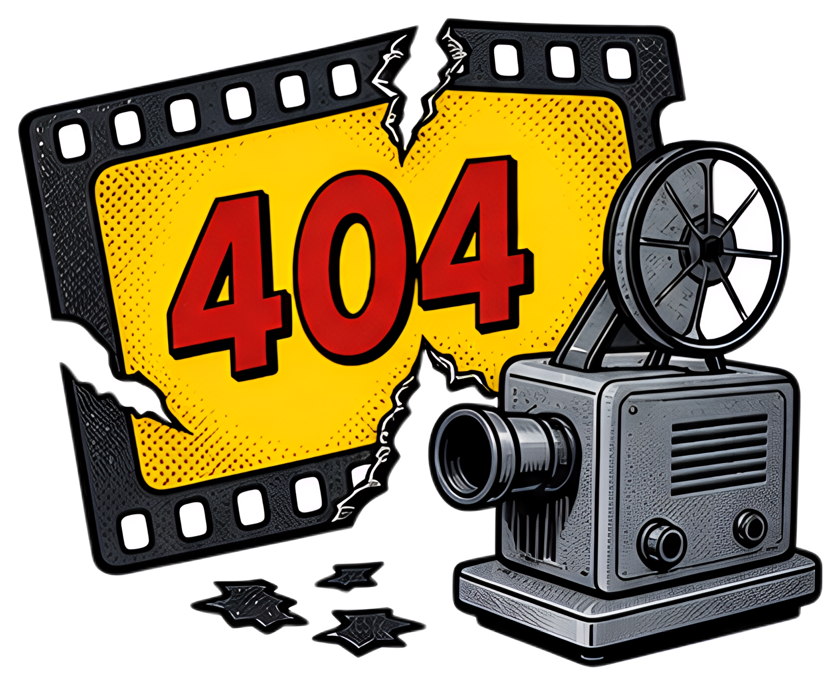A vintage film projector stands beside a torn film strip displaying the text '404' in bold red letters. The film strip is yellow with black edges, and the projector features intricate detailing in a n