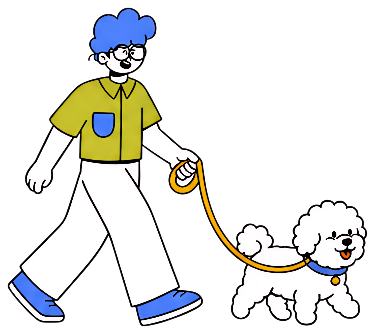 A person with blue curly hair wears a green shirt with a blue pocket and white pants, holding a leash to a small fluffy dog. The dog, draped in a blue collar, has a cheerful expression and follows its