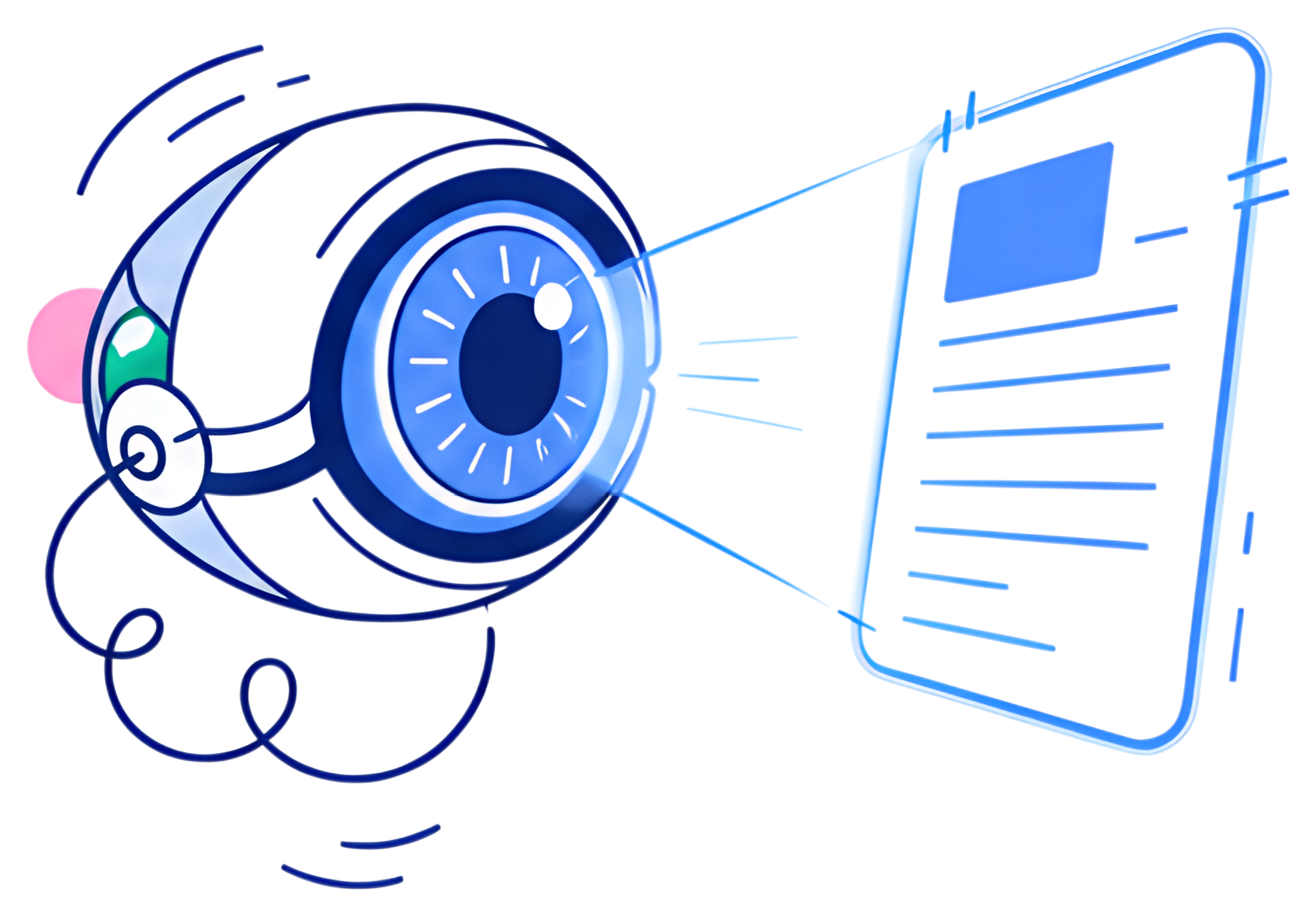 A stylized AI eye with a futuristic iris emits a thin beam of light, scanning a floating holographic document. The design features smooth lines and vibrant blue tones, emphasizing a high-tech theme.