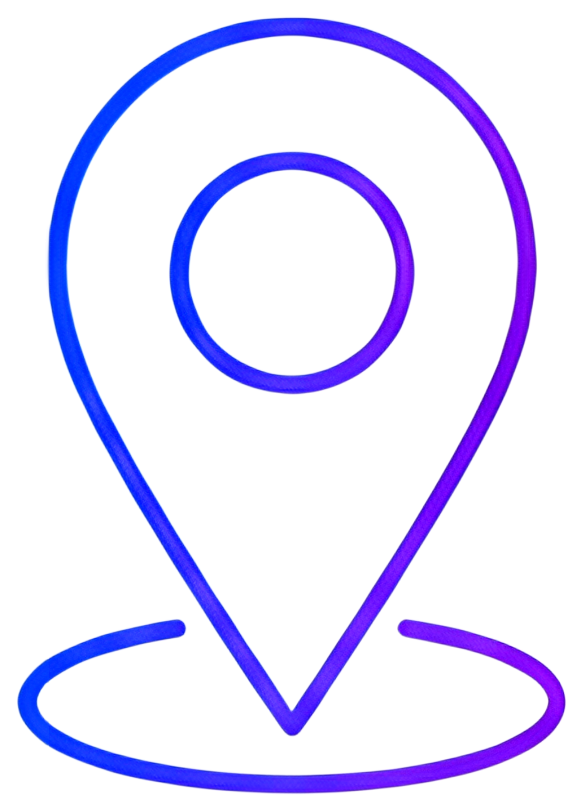 A minimalistic location pin icon featuring a gradient from blue to purple. The design includes a circular inner detail, enhancing its visual appeal. The pin is set against a transparent background, ev