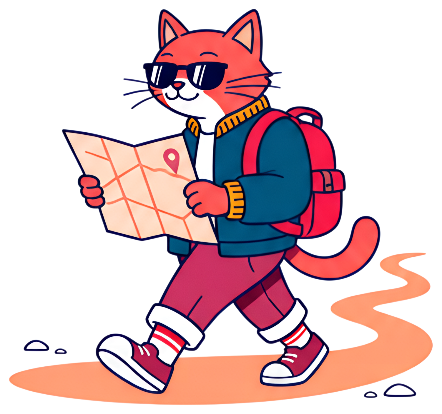 A stylish cat wearing sunglasses and a colorful jacket walks along a winding path while holding a map. The cat sports a tiny backpack and is depicted in a playful, cartoonish style with vibrant colors