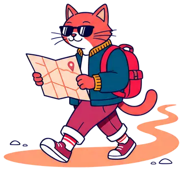 Cool cat in a tiny backpack with a map
