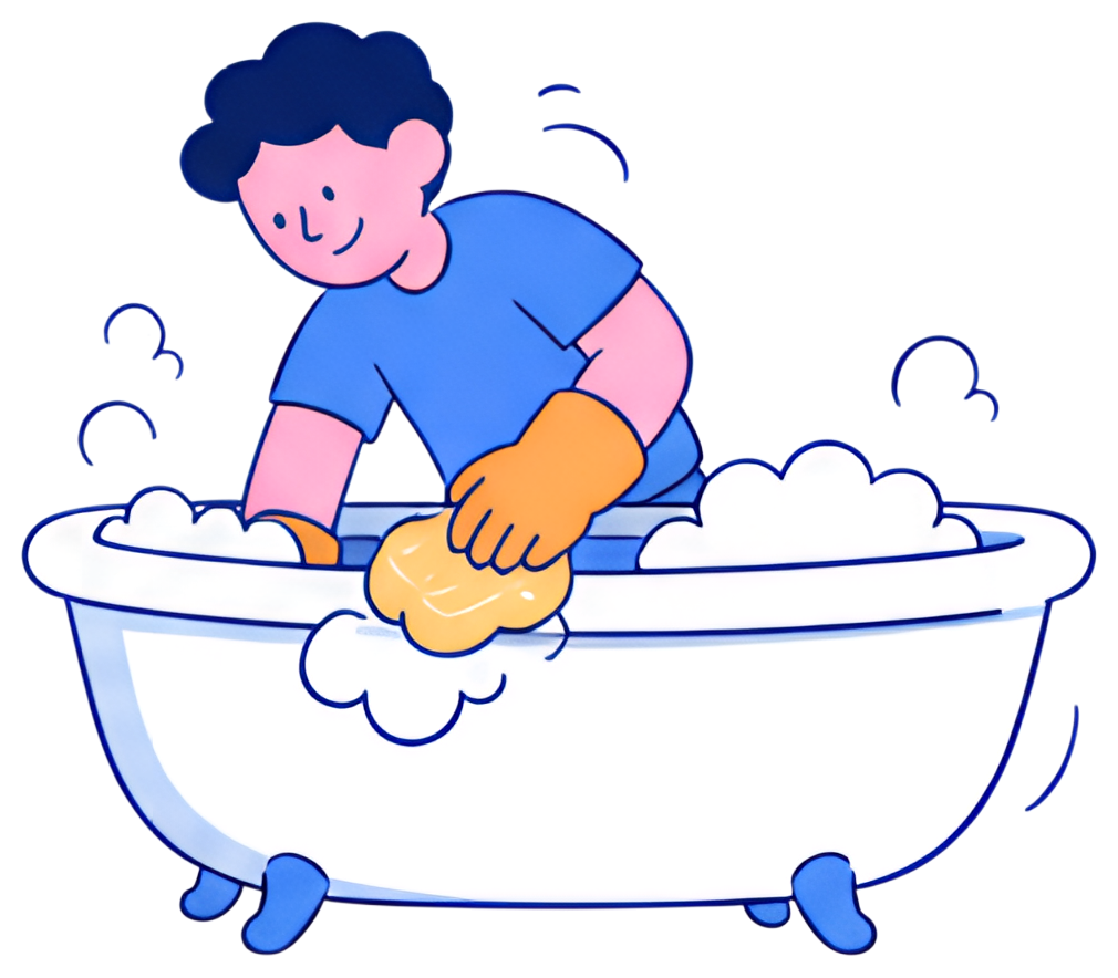 A cheerful person wearing orange gloves is scrubbing a white bathtub with a sponge, surrounded by bubbles. The character has short black hair and wears a light blue shirt, depicting a light and clean,