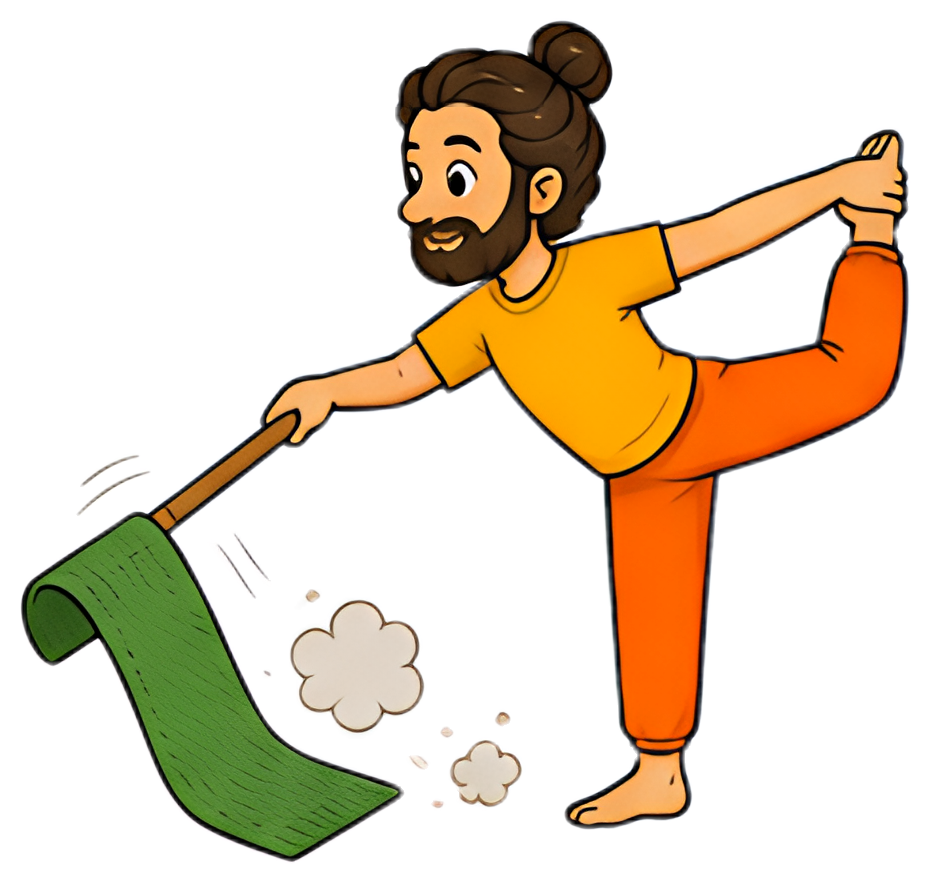 A yoga teacher balances in a bow pose while unrolling a green mat. He wears an orange pant and a yellow shirt, with a focused expression and long hair tied in a bun, showcasing an energetic and lively