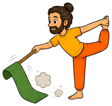 A yoga teacher balances in a bow pose while unrolling a green mat. He wears an orange pant and a yellow shirt, with a focused expression and long hair tied in a bun, showcasing an energetic and lively