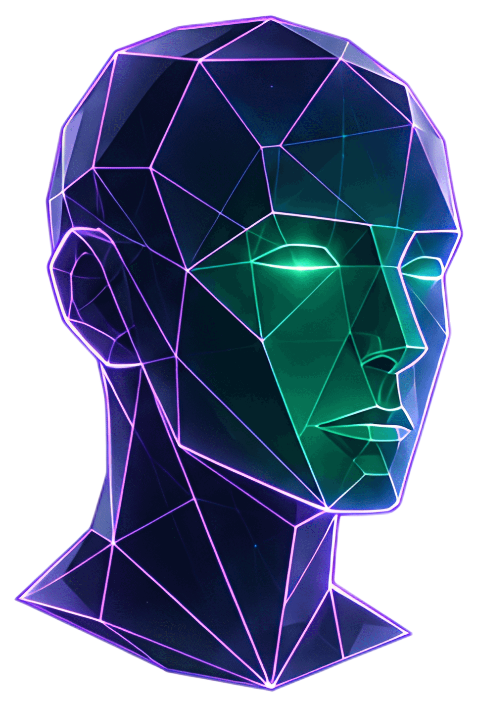 A geometric humanoid head features thin neon outlines with soft violet highlights and a subtle emerald glow emanating from inside. The triangular facets create a futuristic appearance against a dark,