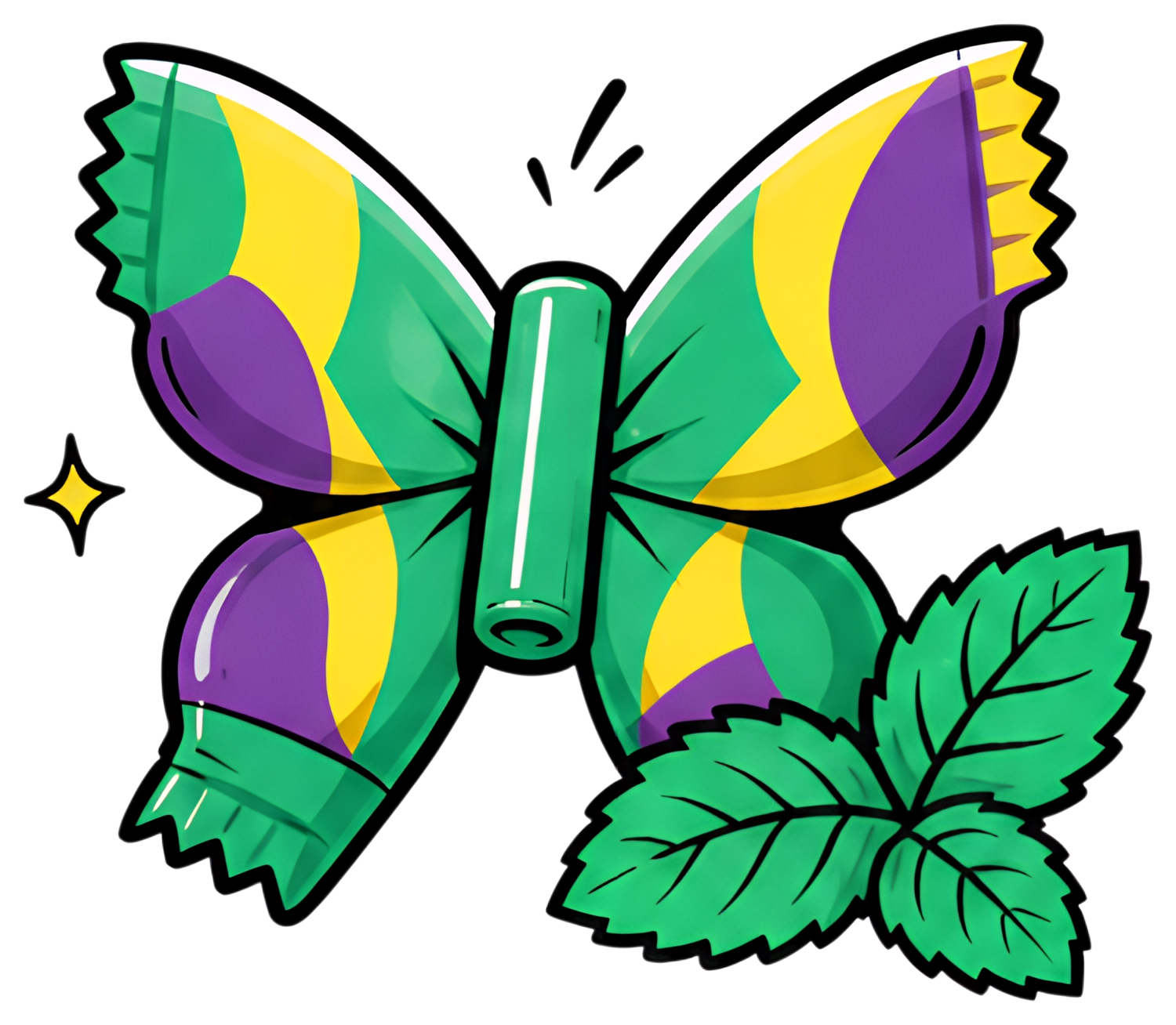 A vibrant butterfly shape made from a folded gum wrapper, displaying bright green, yellow, and purple colors. Nearby, a fresh mint leaf adds a touch of nature to the playful scene, enhancing its whimy