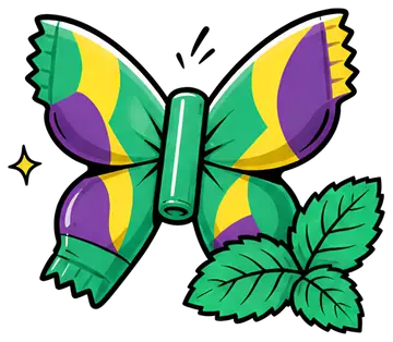 A vibrant butterfly shape made from a folded gum wrapper, displaying bright green, yellow, and purple colors. Nearby, a fresh mint leaf adds a touch of nature to the playful scene, enhancing its whimy