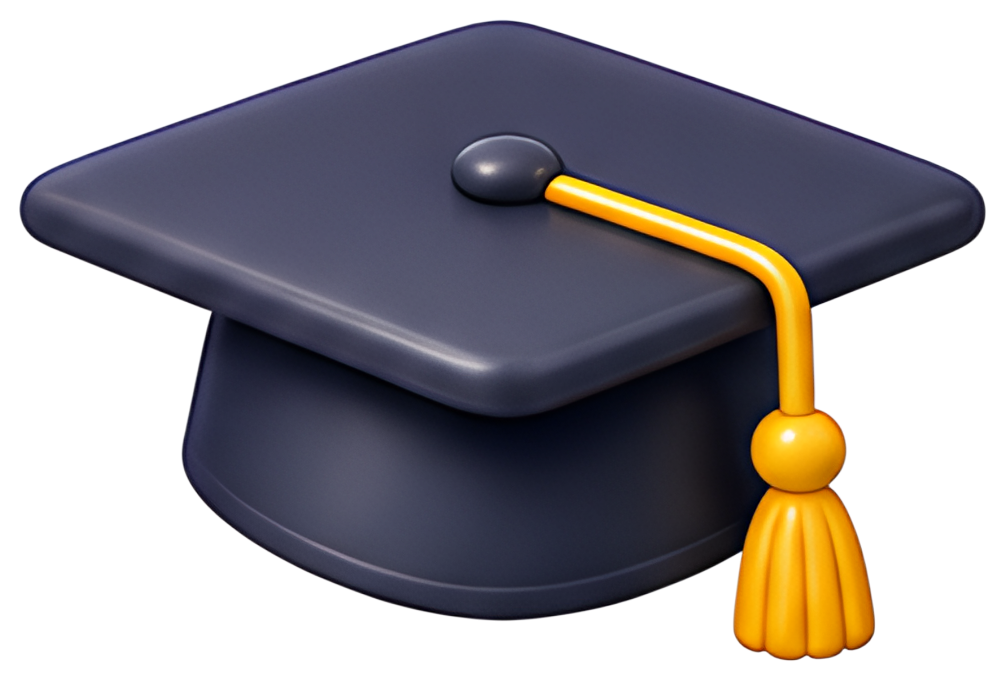 A dark blue graduation cap featuring a prominent yellow tassel. The cap has a smooth, rounded surface with a spherical button at the top, contrasting against the yellow strap leading to the tassel.