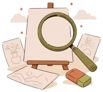 A magnifying glass hovers above an empty canvas on an easel, surrounded by sketches and an eraser. The sketches depict a vase with flowers and abstract lines, creating a creative atmosphere. Soft, pal