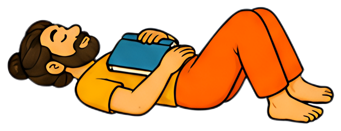 A man lies on his back with his eyes closed, holding a book on his chest. He wears an orange pant and a yellow shirt, with a peaceful expression, surrounded by a simple background.