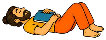 A man lies on his back with his eyes closed, holding a book on his chest. He wears an orange pant and a yellow shirt, with a peaceful expression, surrounded by a simple background.